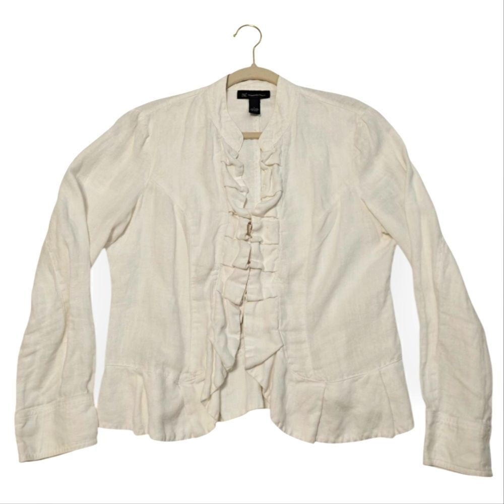 INC International Concepts Linen White Cream Blazer with Ruffle Detail Sz L